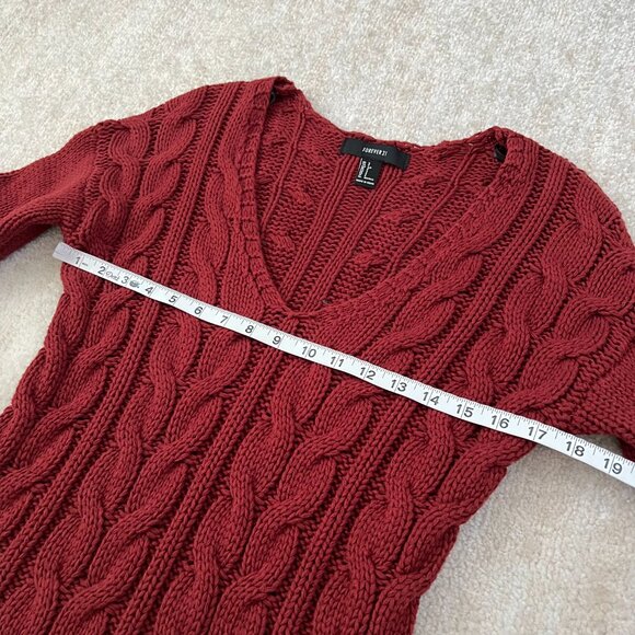 Forever 21 Cotton Chunky Cable Knit Red V-Neck Long Tunic Sweater S - Picture 7 of 9